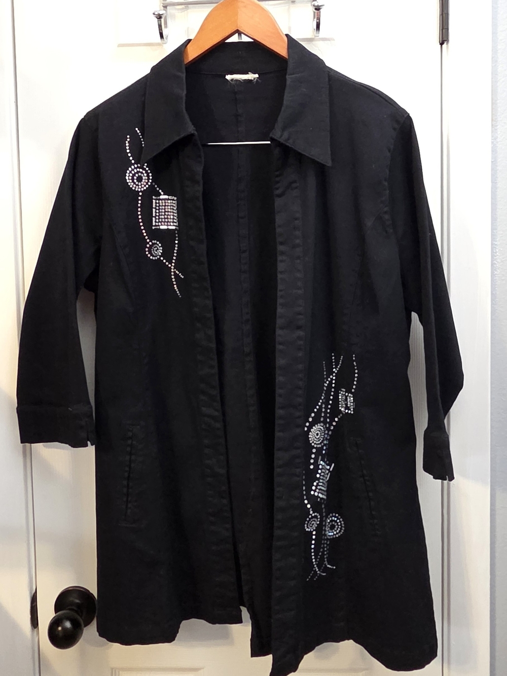 Black Rhinestone Duster Jacket Open Front Longline Shirt Jacket  Size M/L